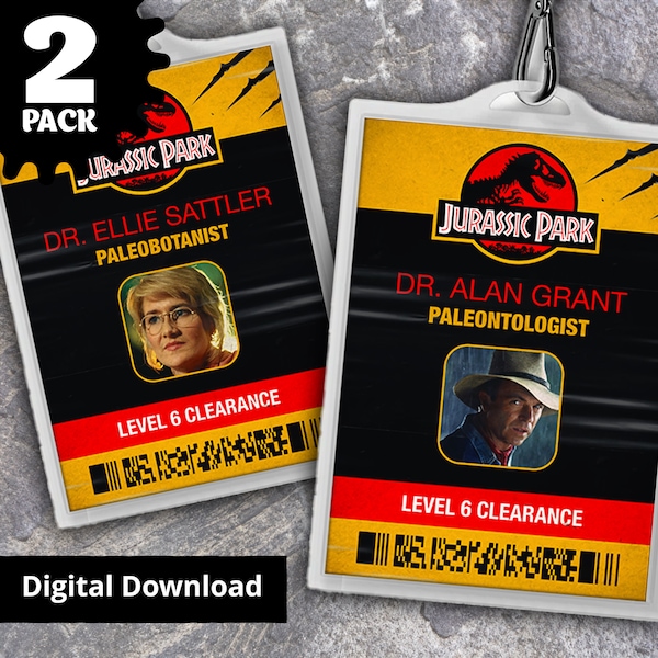 Jurassic Park Dr Alan Grant & Dr Ellie Sattler ID Badges - Replica Prop, Halloween Costume, Cosplay, Name Tag - Digital PDF Download