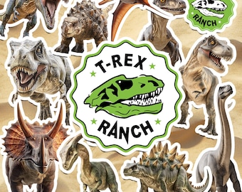 Pegatinas de vinilo de T-Rex Ranch Park Ranger: paquete de 20: 10 pegatinas de dinosaurios y 10 pegatinas con logotipos: juego de pegatinas de dinosaurios para niños resistentes a la intemperie y duraderas