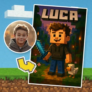 Minecraft-Style Gamer Portrait from Photo – Custom Pixel Art Avatar – Gaming Gift for Boys, Teens, Streamers - Personalised Digital Art