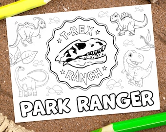 T-Rex Ranch Activity Sheet Park Ranger Dinosaur Coloring Sheet, Dinosaur Theme Party Favor – Fun Printable for Kids