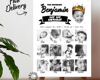 May include: Black and white photo collage of a baby boy's first year. The title reads "The Notorious Benjamin My 1st Birthday". The baby's birthdate and weight are listed below the title. The collage includes 12 photos of the baby at different ages.