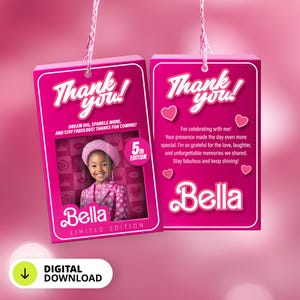 Pink Doll Sparkle Fashion Doll Box Photo Birthday Thankyou Card | Printable Selfie Glam Pink Doll Party Favor | Gift Tag