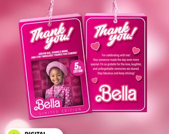 Pink Doll Sparkle Fashion Doll Box Photo Birthday Thankyou Card | Printable Selfie Glam Pink Doll Party Favor | Gift Tag
