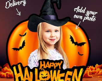 Customizable Halloween Photo Frame, Add Your Photo, Witch Hat Jack-O-Lantern Design, High Resolution Transparent PNG, Print ready, PDF