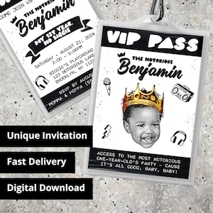 Notorious One VIP Pass Card Ready to Party Verjaardagsuitnodiging Hip Hop Custom Design Party Decor - Digitale PDF-download