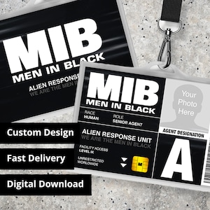 Agente personalizado de la tarjeta de identificación MIB Men In Black personalizada, Réplica, Disfraz de Halloween, Cosplay, Etiqueta de nombre, Descarga digital en PDF