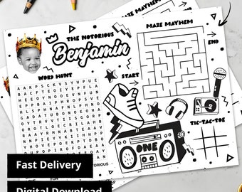 The Notorious Activity Sheets Birthday, Coloring Sheet, Birthday Hip Hop Party Decor, Notorious One, Printable, Hiphop, Rap, 90s, 11x8 Inch