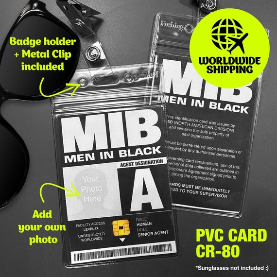 MIB Men in Black ID Card With Badge Holder and Metal Clip, Lanyard