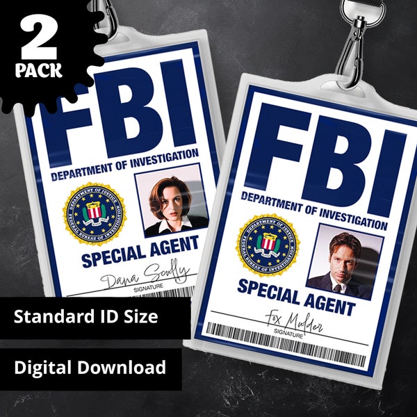 X Files, agent du FBI, Fox Mulder, Dana Scully, badge d'identification, accessoire de réplique pour cosplay et costume, fichier PDF imprimable, taille carte standard
