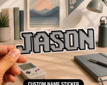 Custom Pixel Name Sticker, Retro Computer Style Personalized Decal, 80s 90s Gaming Name Sticker, Pixel Art Laptop Decal