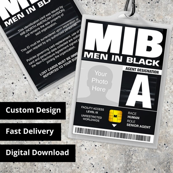 Tarjeta de identificación personalizada MIB Men In Black Agente personalizado - Réplica Prop, Disfraz de Halloween, Cosplay, Etiqueta de nombre - Descarga digital PDF