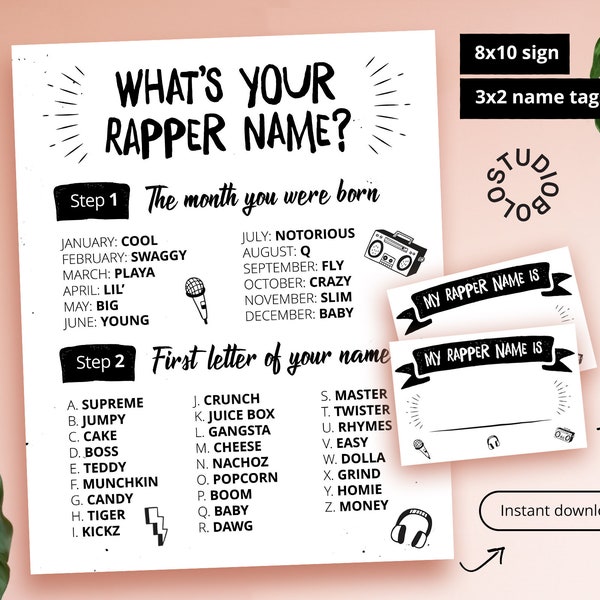 What's Your Rapper Name Digital Sign Party Decor Birthday Game Notorious One Fun 90s Themed Quiz Children party Modern