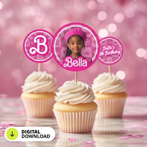 Rosa Puppen-Geburtstags-Cupcake-Topper | Sparkle Hot Pink Party Kuchen Dekor | Benutzerdefinierte Partydekorationen | Cake Topper Digital Download