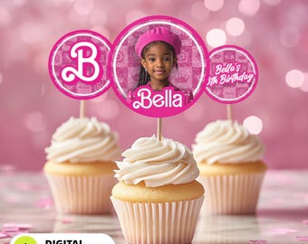 Pink Doll Birthday Cupcake Topper | Sparkle Hot Pink Party Cake Decor | Custom Party Decorations | Cake Topper Digital Download
