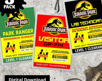 Jurassic Park ID Card 3 Pack, Park Ranger, Técnico de laboratorio, Visitante - Réplica Prop, Disfraz de Halloween, Cosplay - Descarga digital PDF