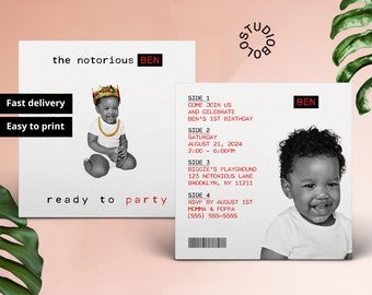 The Notorious ONE Vinyl Album Ready to Party Birthday Invitation Hip Hop Custom Design Party Decor