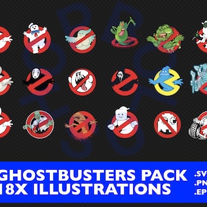 Può includere: Un set di 18 illustrazioni a tema Ghostbusters che presentano vari fantasmi e creature in un cerchio rosso con una linea diagonale che lo attraversa. Il testo "GHOSTBUSTERS PACK 18X ILLUSTRATIONS" è nella parte inferiore dell'immagine. I formati di file sono elencati come .SVG, .PNG e .EPS.