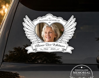 Personalized Memorial Photo Car Decal | Custom In Loving Memory Sticker | Angel Wings Heart Photo Decal | Memorial Window Sticker