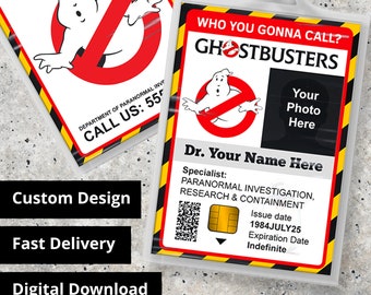 Tarjeta de identificación personalizada de la película Cazafantasmas - Réplica de utilería, disfraz de Halloween, cosplay, etiqueta de nombre - Descarga digital en PDF