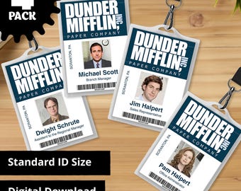 Dunder Mifflin The Office ID Card 4 Pack - Jim and Pam Halpert, Dwight Schrute and Michael Scott - Cosplay, Halloween Costume, Digital PDF