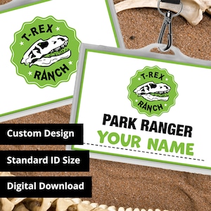 Personnalisé T-Rex Ranch Park Ranger ID Badge Cosplay & Costume Name Tag - Fichier PDF imprimable - Taille de carte standard 3,375 po x 2,375 po
