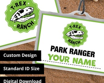 Personalized T-Rex Ranch Park Ranger ID Badge Cosplay & Costume Name Tag - Printable PDF file - Standard Card Size  3.375 in x 2.375 in