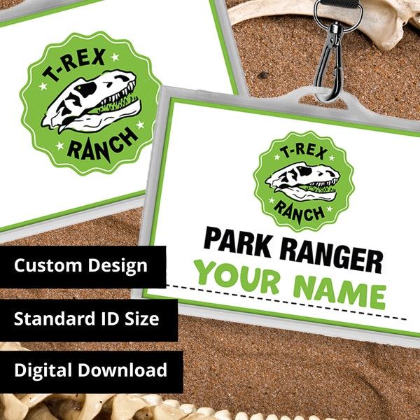 Insignia de identificación personalizada de T-Rex Ranch Park Ranger para cosplay y etiqueta de nombre de disfraz - Archivo PDF imprimible - Tamaño de tarjeta estándar 3.375 x 2.375 pulgadas