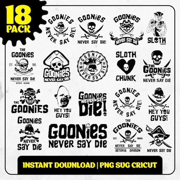 Les Goonies Never Say Die des années 80 18 pack collection V2 Svg Png PDF Eps, téléchargement imprimable cricut Film d'aventure pour enfants de 1985 transparent