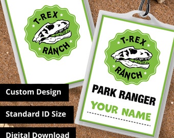 Personalized T-Rex Ranch Park Ranger ID Badge Cosplay & Costume Name Tag - Printable PDF file - Standard Card Size 2.375 in x 3.375 in