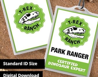 T-Rex Ranch Park Ranger ID Badge Cosplay & Costume Name Tag Replica Prop - Printable PDF file - Standard Card Size 2.375 in x 3.375 in