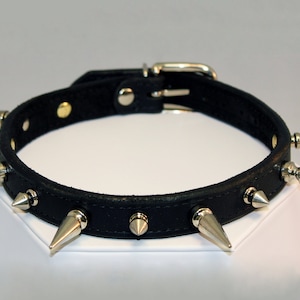 Dominikat Punk Spike Leather Collar with Top Stitching options of Black, White, Red, Blue or Purple