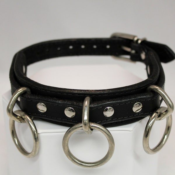 Dominikat 3-Ring Leather Collar with Top Stitching options of Black, White, Red, Blue or Purple