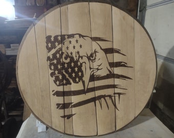 American eagle & American flag laser engraved on a authentic bourbon barrel head