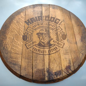 laser engraved &quot;hair of the dog&quot; authentic bourbon barrel head