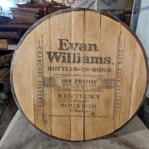 laser engraved Evan Williams authentic bourbon barrel head