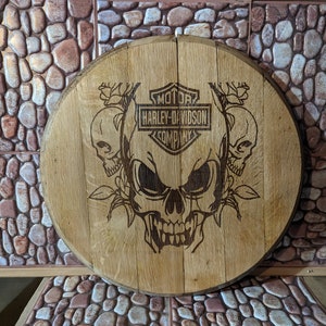 Harley Davidson skull laser engraved bourbon barrel head
