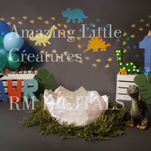 May include: A white dinosaur egg prop with green foliage around it. A green dinosaur plush toy is standing next to the egg. The background features a gray wall with blue and green balloons, a wooden sign with the word "RAWR" in colorful letters, and a blue number one with a dinosaur design.