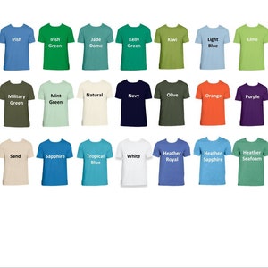 May include: A chart of 30 different colored t-shirts with the color name printed on each shirt.