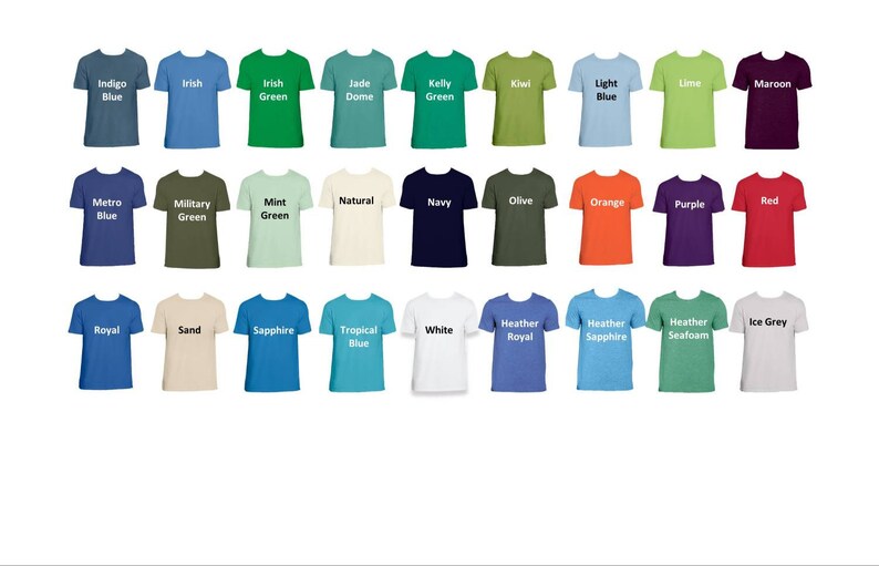 May include: A chart of 30 different colored t-shirts with the color name printed on each shirt.