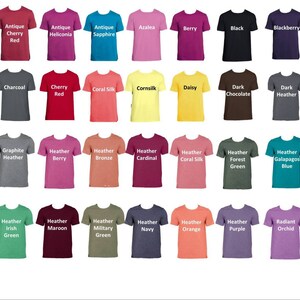 May include: A chart of 36 different colored t-shirts with text labels for each color. The t-shirts are arranged in four rows of nine t-shirts each.