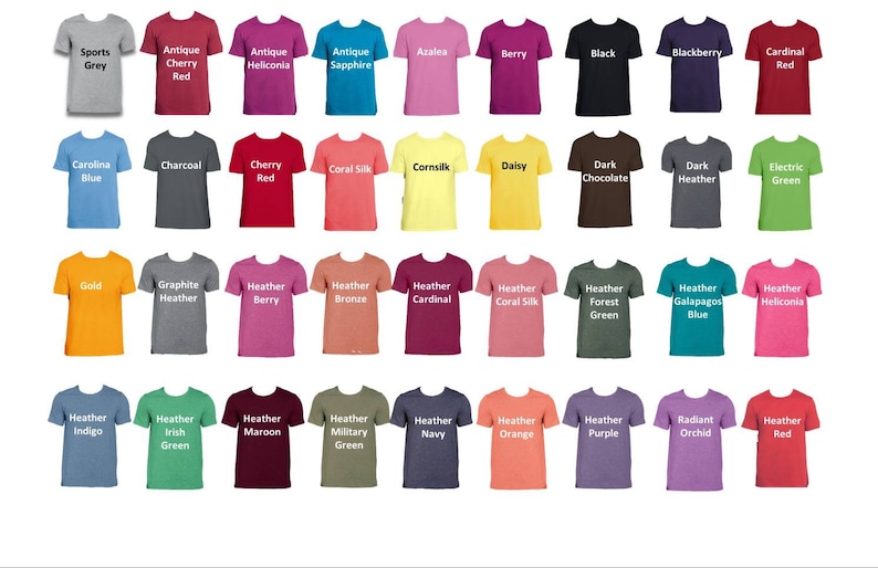 May include: A chart of 36 different colored t-shirts with text labels for each color. The t-shirts are arranged in four rows of nine t-shirts each.