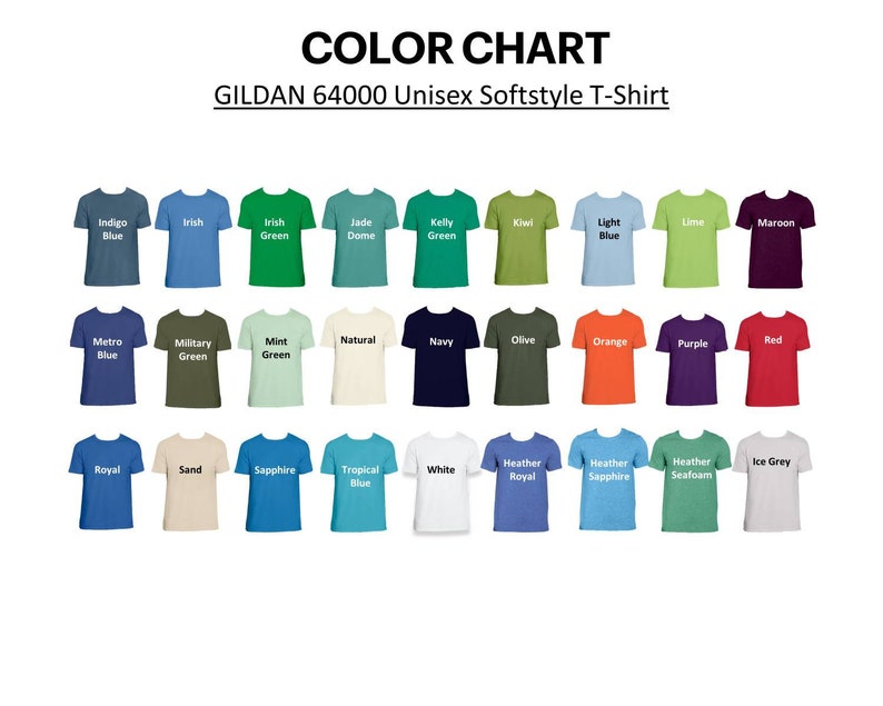 Pode incluir: Tabela de cores para camisetas Gildan 64000 Unisex Softstyle. A tabela mostra uma variedade de cores, incluindo Indigo Blue, Irish Green, Navy e Heather Sapphire. Cada cor &eacute; representada por um pequeno gr&aacute;fico de camiseta com o nome da cor.