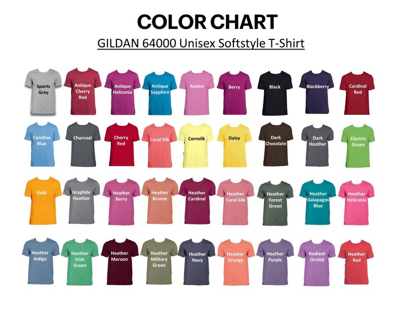 K&ouml;nnte beinhalten: Farbkarte mit 36 verschiedenen T-Shirt-Farben, die im Gildan 64000 Unisex Softstyle T-Shirt erh&auml;ltlich sind. Die Farben sind in Reihen und Spalten angeordnet, wobei jede Farbe durch ein kleines Bild eines T-Shirts dargestellt wird.