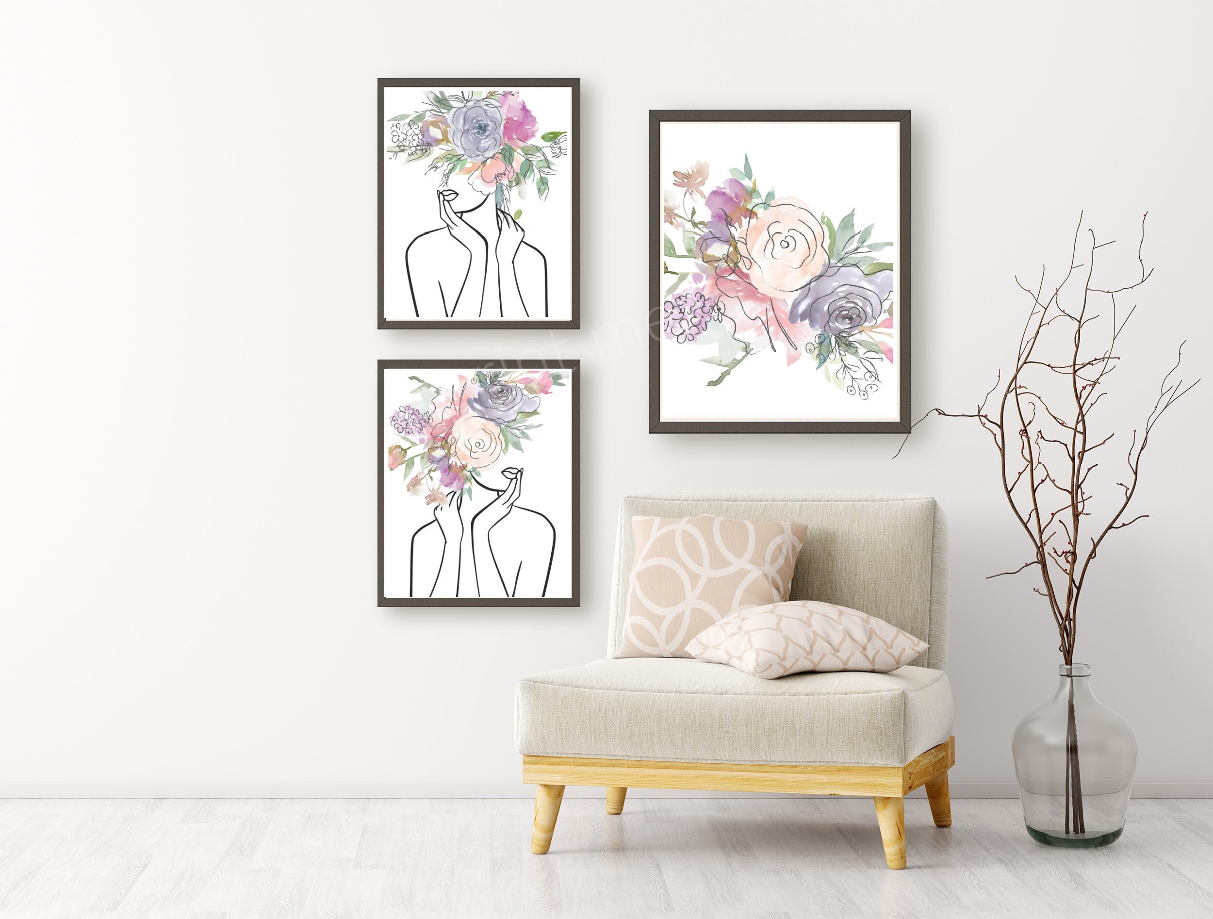 Flower Head Art Set of 3 Prints Female Face Line Art Boho Etsy