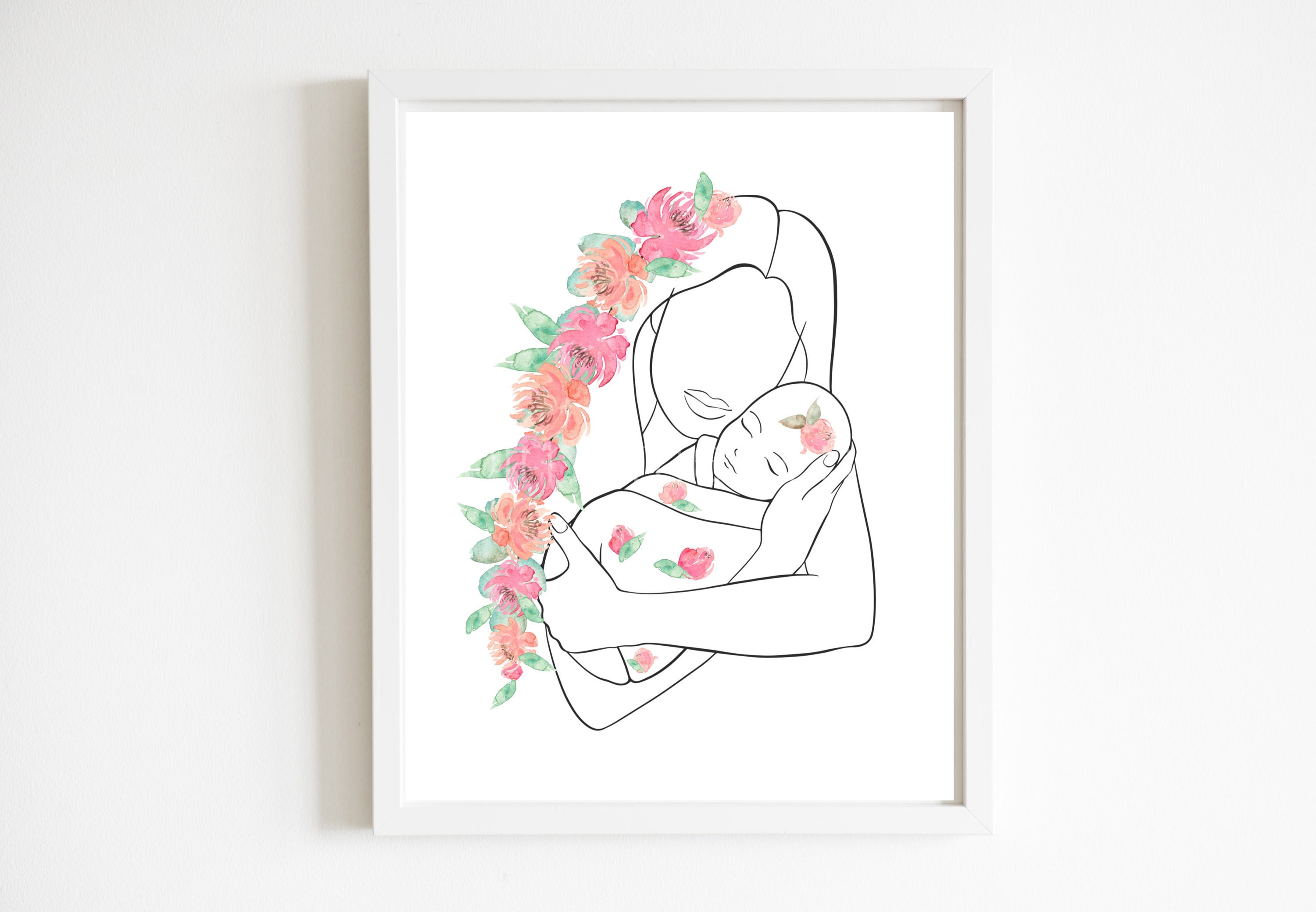 Newborn Girl Art Print Mother And Baby Line Drawing Pink | Etsy