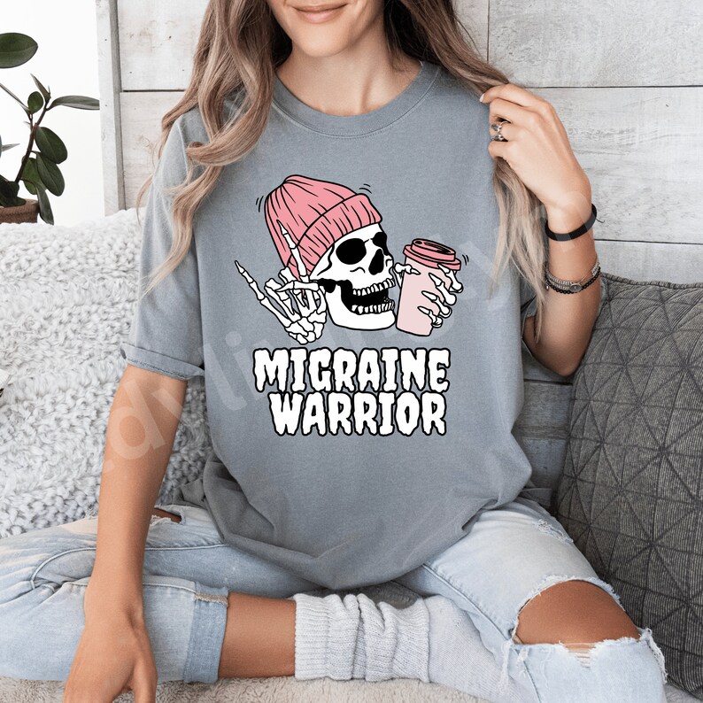 Migraine Warrior Tshirt Skeleton With Coffee Tee Flare Day Gift for