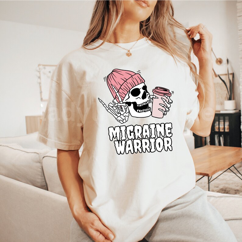 Migraine Warrior Tshirt Skeleton With Coffee Tee Flare Day Gift for