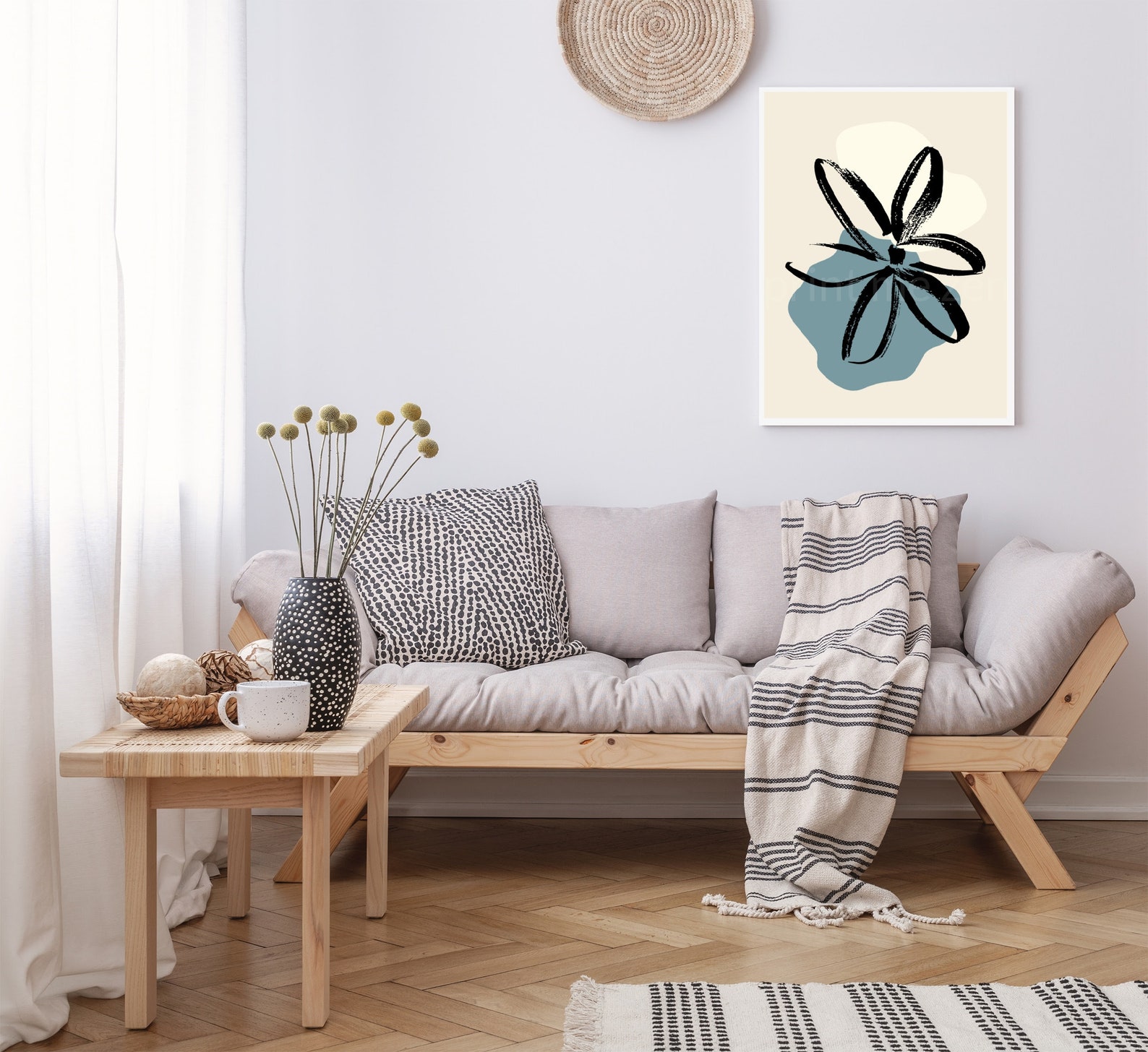 Abstract Flower Print Blue & Beige Wall Art Floral Sketch Etsy