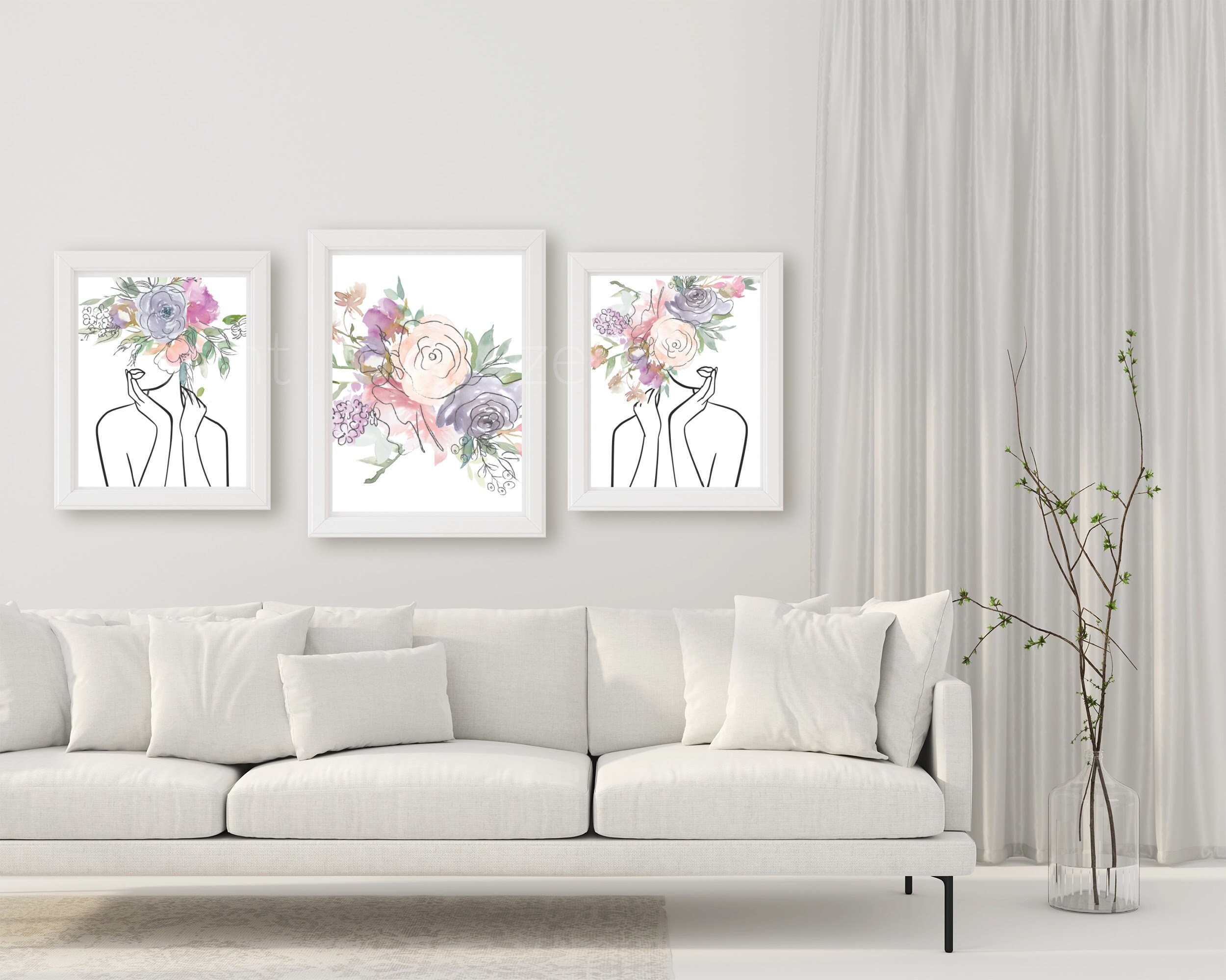Flower Head Art Set of 3 Prints Female Face Line Art Boho Etsy
