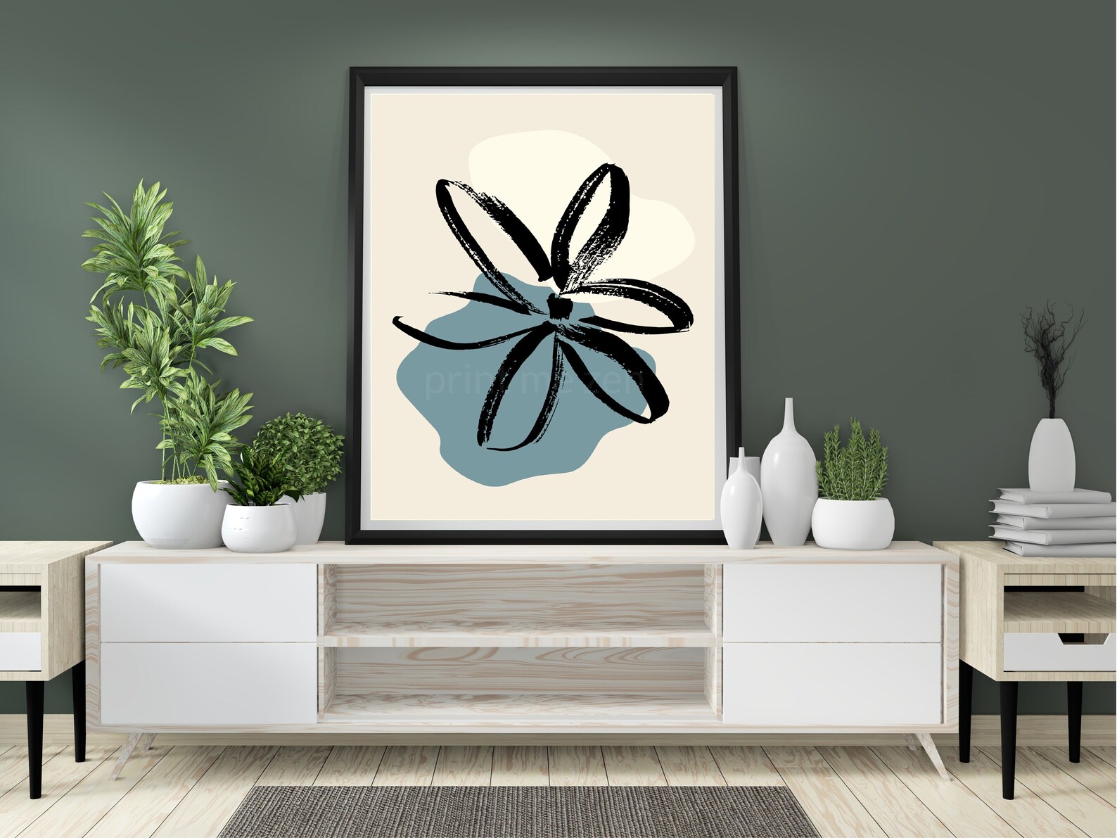 Abstract Flower Print Blue & Beige Wall Art Floral Sketch Etsy